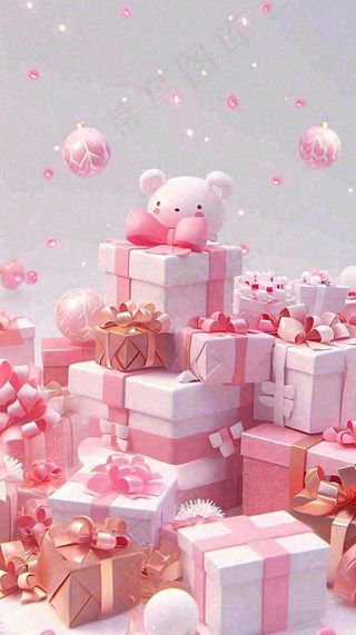礼物粉色唯美C4D效果儿童小熊，圣诞树圣诞节