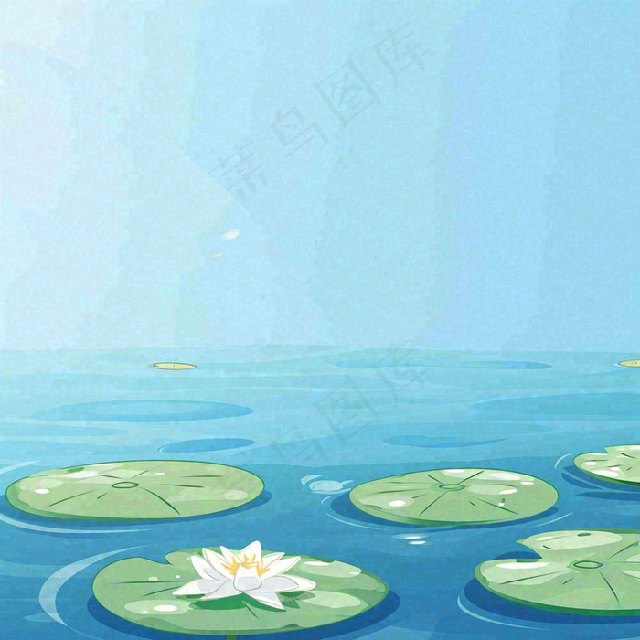 中国风夏日荷塘池白色荷花盛开手绘插画，立夏夏至大暑小暑(1024x1024)