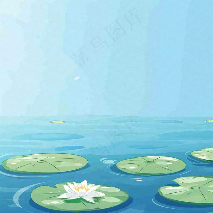 中国风夏日荷塘池白色荷花盛开手绘插画，立夏夏至大暑小暑(1024x1024)