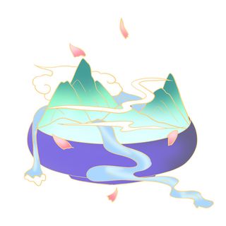 时尚微景观山水装饰庭院祥云中式国潮风插图插画元素素材设计模板