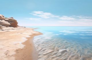 空旷的沙滩，清澈的海水，浅蓝色和浅米色的风格，超逼真的水摄影图