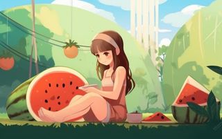 坐着西瓜草地的女孩插画背景