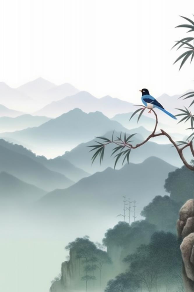水墨画山水喜鹊站枝头背景psd