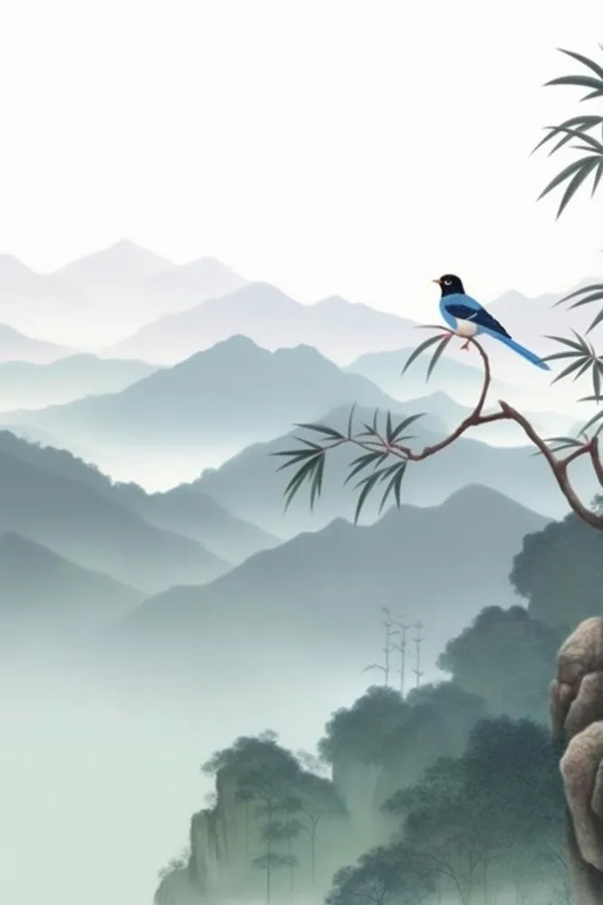 水墨画山水喜鹊站枝头背景psd(2000x3000)