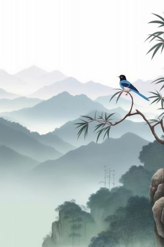 水墨画山水喜鹊站枝头背景psd