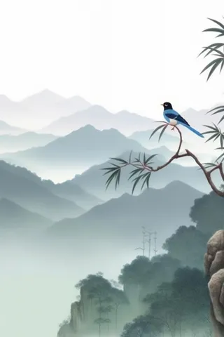 水墨画山水喜鹊站枝头背景psd