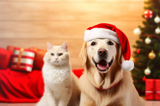 戴着圣诞帽的狗猫金毛红色背景圣诞摄影图