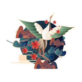 中国风国潮仙鹤山水插画手绘元素场景AI设计模板