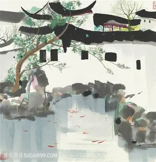 吴冠中水墨庭院美景装饰画 吴冠中水墨庭院美景装饰画