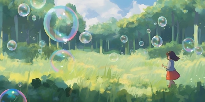 蓝天白云彩色泡泡彩虹草原树林风景插画背景