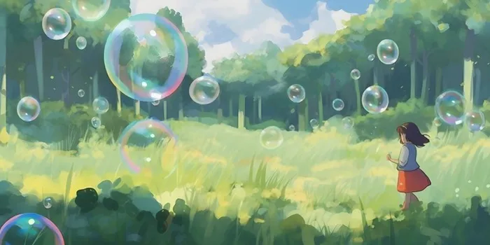 蓝天白云彩色泡泡彩虹草原树林风景插画背景(6144x3072)
