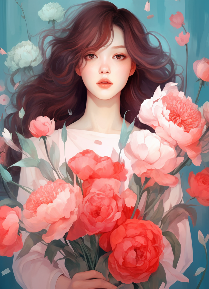 美丽少女抱着大捧粉色鲜花卡通插画