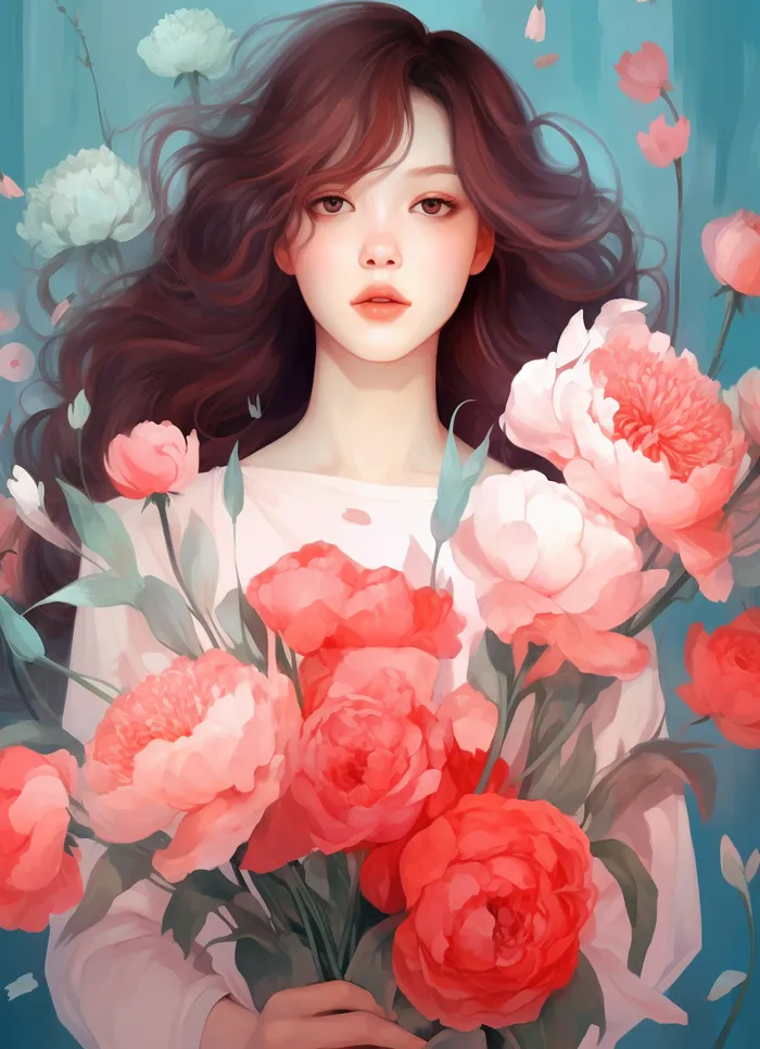 美丽少女抱着大捧粉色鲜花卡通插画(x)
