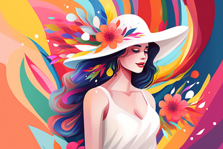 绚丽多彩戴帽子的女生背后的颜料色彩卡通插画