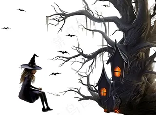 万圣节城堡树枝黑暗恐怖插画免抠