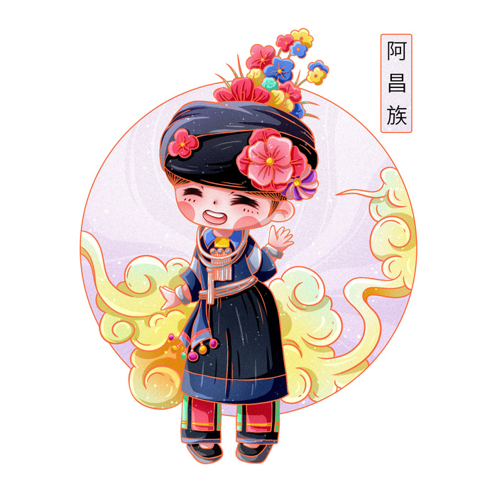国潮Q版56个少数民族人物卡通形象服饰插画民族风服饰元素PSD素材