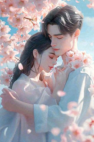 爱情情侣拥抱情人节浪漫粉色花朵，蓝天白云