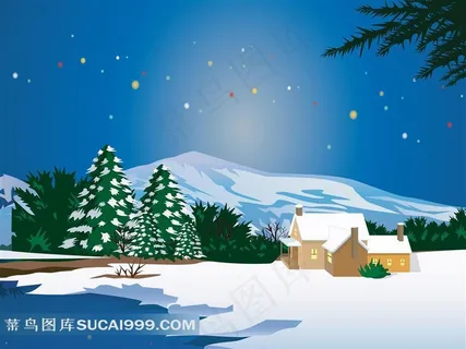 手绘精美雪松雪地房子素材