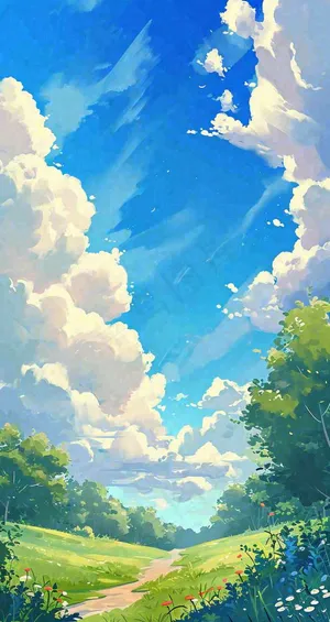 蓝天白云小花绿树树木草地插画手绘，春天春分