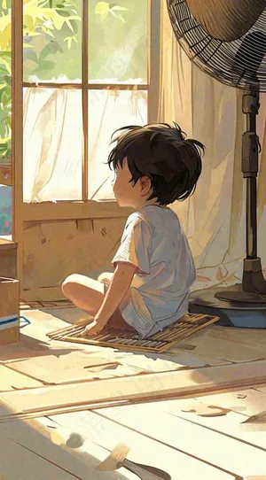 儿童在家吹风扇，夏天炎热清爽手绘插画，夏至小暑暑期