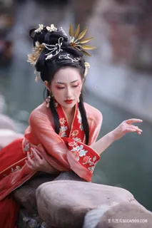 气质红衣古装奢华头饰汉服女子图片