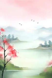 国风清新山河绿植背景