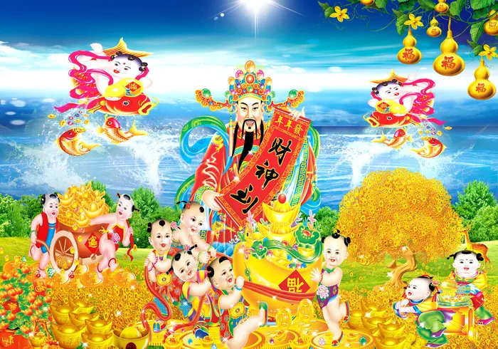 金色财宝财神童子背景墙psd模版下载