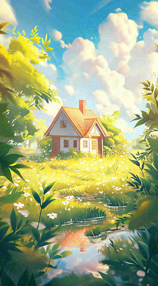 蓝天草坪上小屋房子在河流旁，河面倒影