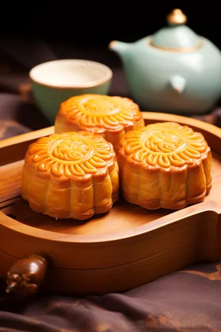 中秋月饼托盘美食茶壶摄影图