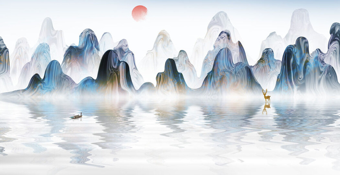 山川湖泊艺术风光画PSD素材