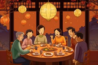 一家人吃饭团圆饭圆月插画素材背景