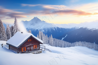 雪山上小木屋风景摄影图 