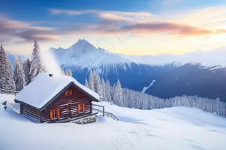 雪山上小木屋风景摄影图 
