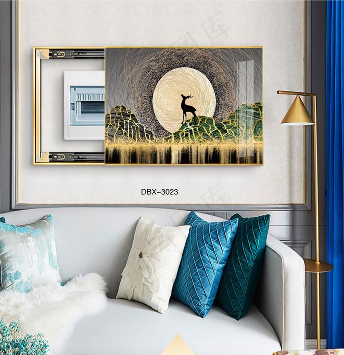 大气时尚家居室内装饰场景客厅沙发卧室床铺电表箱壁画背景图轻奢金鹿月夜