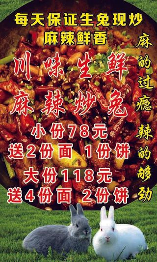 特色风味美食农家菜绿草地小白兔麻辣炒兔海报