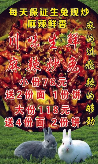 特色风味美食农家菜绿草地小白兔麻辣炒兔海报