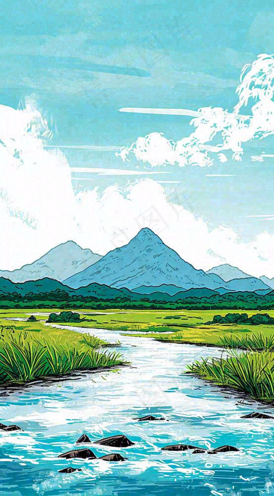 春天阳光灿烂远处的高山和田野春意盎然手绘卡通画(816x1472)
