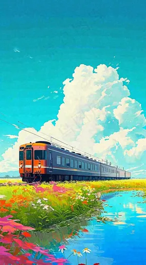城市交通乡村铁路高铁，户外蓝天白云河边