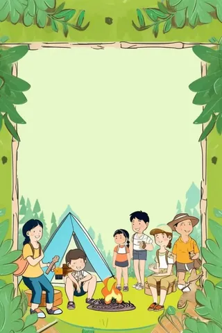 亲子露营野营游玩绿色插画背景