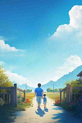 蓝天白云下行走背影，父亲节父爱温馨