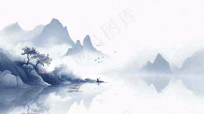 山水画简约白色河面插画手绘，中国风古风(1456x816)
