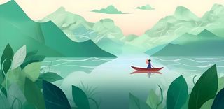 湖上划船绿色植物湖水水墨画背景