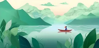 湖上划船绿色植物湖水水墨画背景