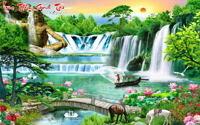 流水生财山水木桥蓝天风景psd模版下载