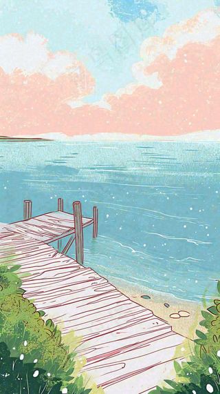 海边沙滩玩耍旅行夏日假期游玩手绘插画，可爱清新，夏至小暑大暑