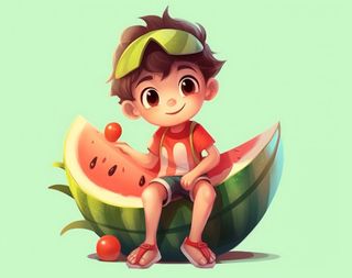 夏日卡通插画儿童吃西瓜动漫风背景