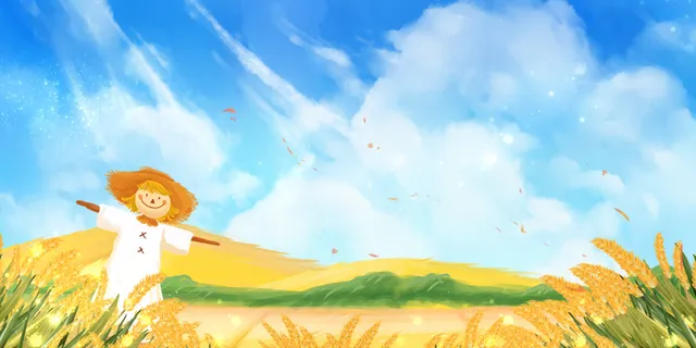 蓝色美景手绘秋天稻草人秋收田园稻谷展板背景