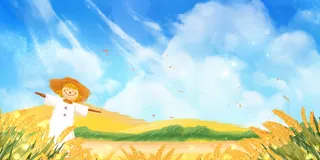 蓝色美景手绘秋天稻草人秋收田园稻谷展板背景