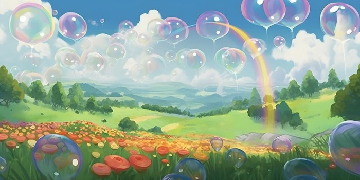 蓝天白云彩色泡泡彩虹草原树林风景插画背景