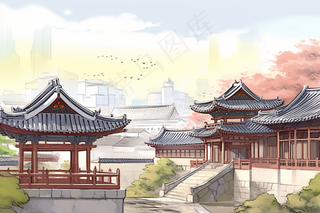 中国古代建筑园林阁楼中国风插画